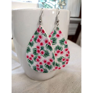 Tropical Floral Faux Leather Dangle Teardrop Summer Earrings